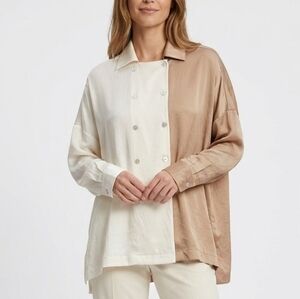 Lunya Washable Silk Sleep Shirt - Size M - Colorblock Double Breasted Oversized